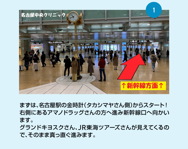 まずは、名古屋駅の金時計（タカシマヤさん側）からスタート！右側にあるアマノドラッグさんの方へ進み新幹線口へ向かいます。グランドキヨスクさん、JR東海ツアーズさんが見えてくるので、そのまま真っ直ぐ進みます。