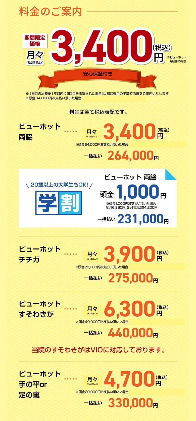 料金のご案内　月額3,400円　TOTAL　ビューホット両脇264,000円　チチガ275,000円　すそワキガ385,000円